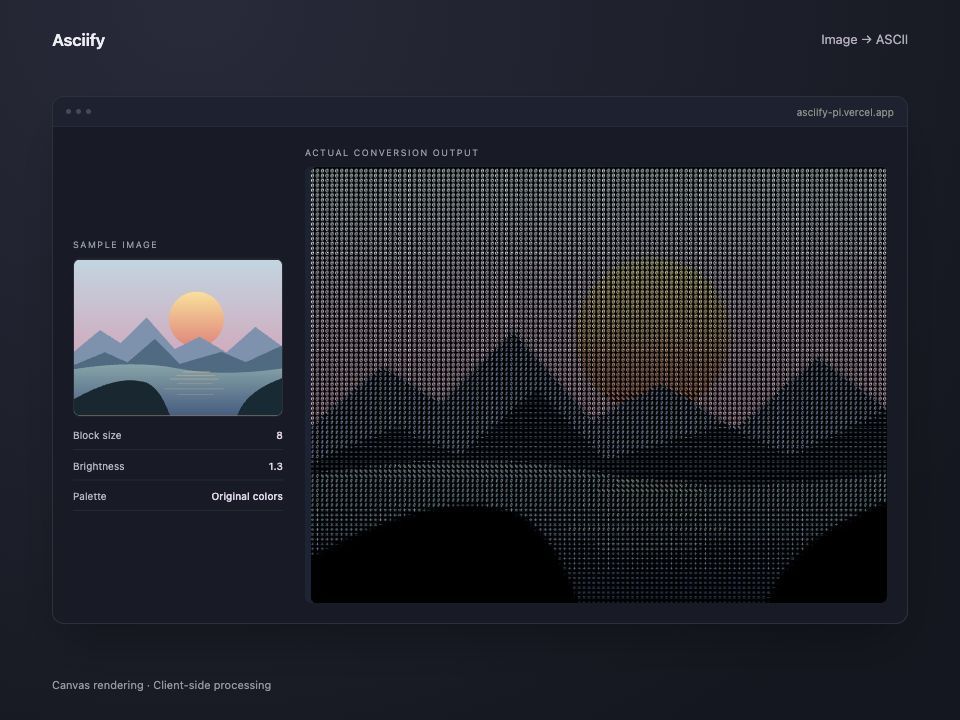 Asciify demo comparing a sunrise landscape with its colored ASCII conversion.
